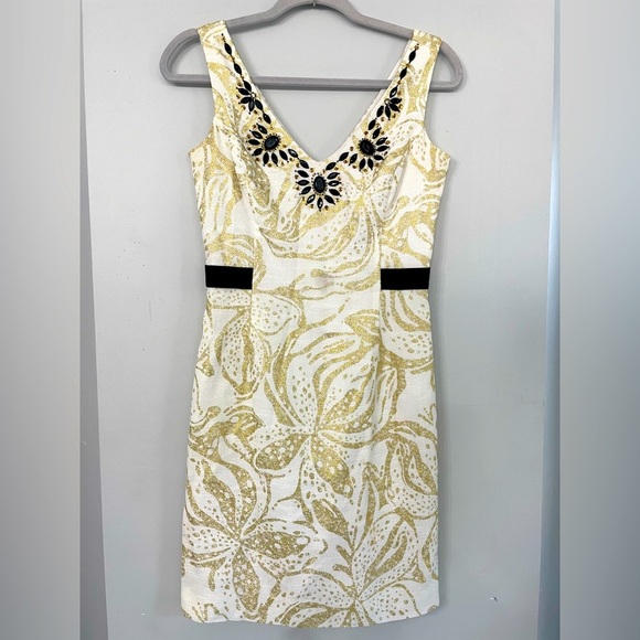 Lilly Pulitzer Dresses & Skirts - Lilly Pulitzer, 2, women’s gold & white fitted mini dress w/ black bead accents